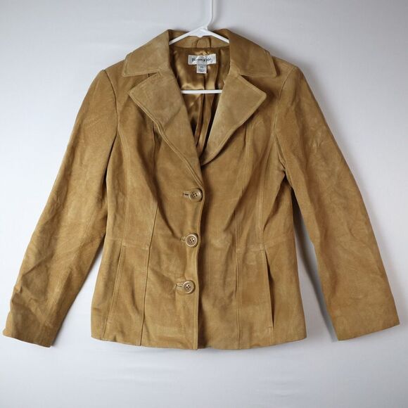 PRESTON& YORK Vtg‎ Women 100% Suede Jacket Blazer XS Lined Button Down Tan Beige - Picture 2 of 12